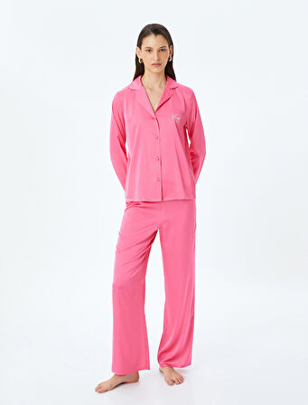Gömlek Yaka Uzun Kollu Düğmeli Saten Pijama Takımı