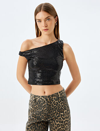 Koton X İnji - Pullu Payetli Kayık Yaka Crop Kolsuz Slim Fit Bluz