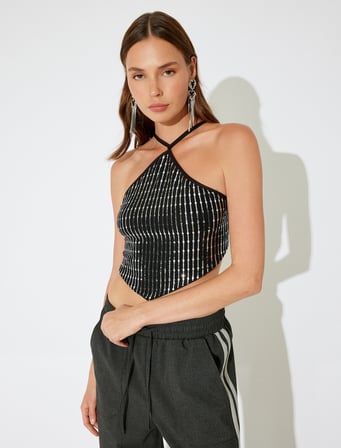 Halter Yaka Crop Sırtı Bağcıklı Asimetrik Pullu Abiye Bluz