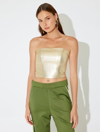 Straplez Crop Kolsuz Slim Fit Parıltılı Abiye Bluz