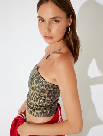 Straplez Crop Kolsuz Slim Fit Leopar Payetli Abiye Bluz