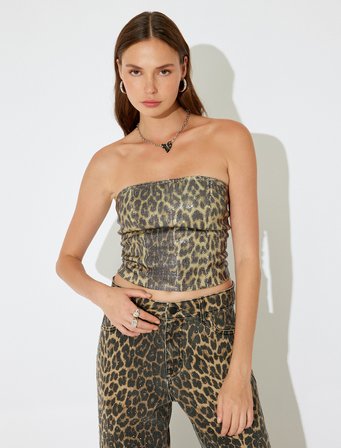 Straplez Crop Kolsuz Slim Fit Leopar Payetli Abiye Bluz