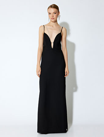 V Yaka Taşlı İp Askılı Sırtı Bağcıklı Yırtmaçlı Uzun Abiye Elbise