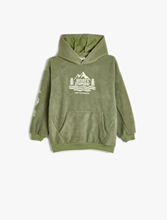 Oversize Polar Kapşonlu Sweatshirt İşlemeli Kanguru Cepli Uzun Kollu 