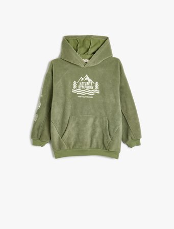 Oversize Polar Kapşonlu Sweatshirt İşlemeli Kanguru Cepli Uzun Kollu 