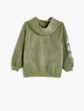 Oversize Polar Kapşonlu Sweatshirt İşlemeli Kanguru Cepli Uzun Kollu 