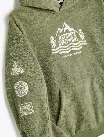 Oversize Polar Kapşonlu Sweatshirt İşlemeli Kanguru Cepli Uzun Kollu 