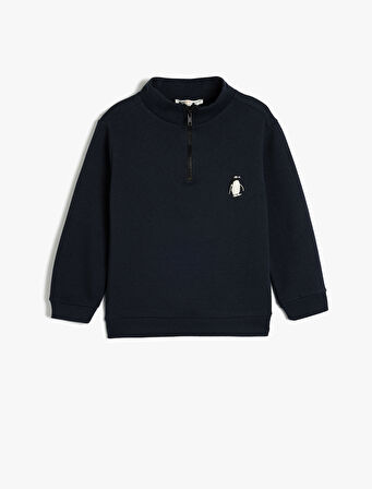 İşlemeli Dik Yaka Yarım Fermuarlı Uzun Kollu Oversize Sweatshirt
