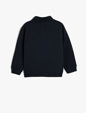 İşlemeli Dik Yaka Yarım Fermuarlı Uzun Kollu Oversize Sweatshirt
