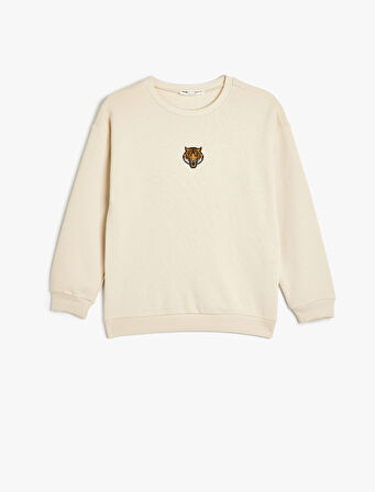 Organik Pamuklu Oversize Sweatshirt Kaplan İşlemeli Uzun Kollu Bisiklet Yaka 