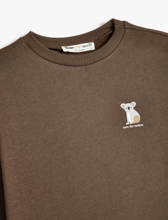 Organik Pamuklu Sweatshirt Koala Baskılı Uzun Kollu Bisiklet Yaka 