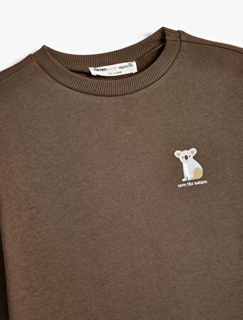 Organik Pamuklu Sweatshirt Koala Baskılı Uzun Kollu Bisiklet Yaka 
