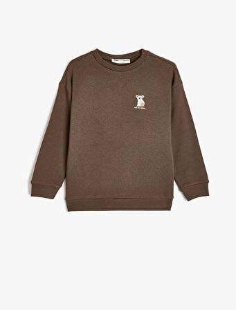 Organik Pamuklu Sweatshirt Koala Baskılı Uzun Kollu Bisiklet Yaka 