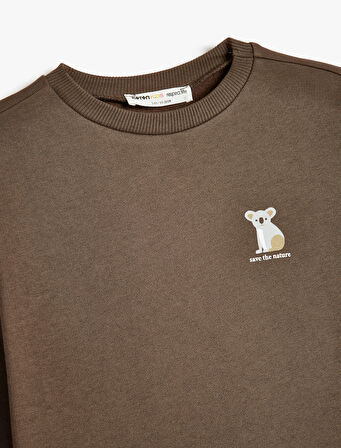 Organik Pamuklu Sweatshirt Koala Baskılı Uzun Kollu Bisiklet Yaka 