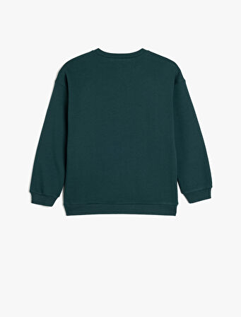 Uzun Kollu Bisiklet Yaka Aslan İşlemeli Şardonlu Pamuklu Sweatshirt