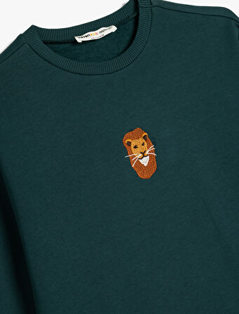 Uzun Kollu Bisiklet Yaka Aslan İşlemeli Şardonlu Pamuklu Sweatshirt