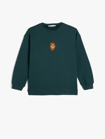 Uzun Kollu Bisiklet Yaka Aslan İşlemeli Şardonlu Pamuklu Sweatshirt