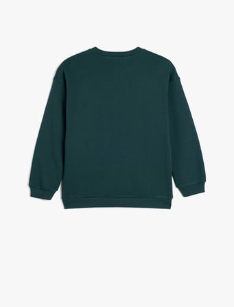 Uzun Kollu Bisiklet Yaka Aslan İşlemeli Şardonlu Pamuklu Sweatshirt