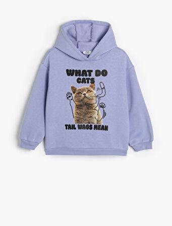 Kapşonlu Sweatshirt Kedi Baskılı Uzun Kollu 