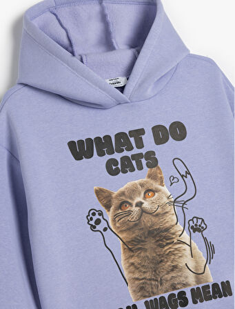 Kapşonlu Sweatshirt Kedi Baskılı Uzun Kollu 
