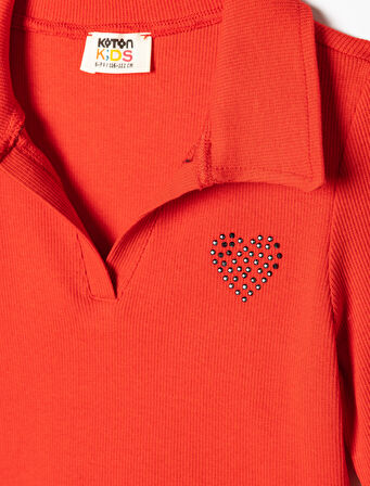 Polo Yaka Tişört Uzun Kollu Pamuklu Kaşkorse Kalp Detaylı 