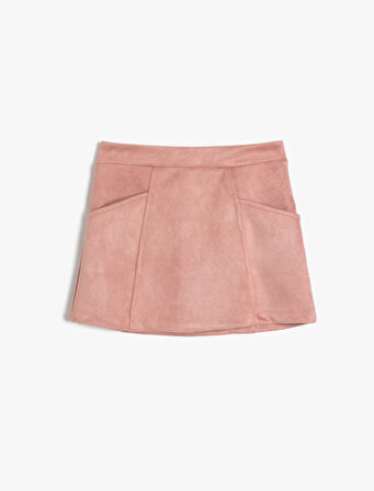 Cep Detaylı Standart Bel Suni Süet Etek