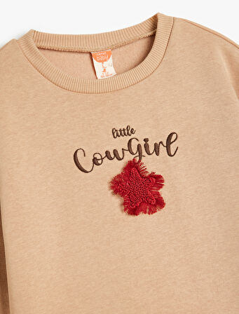 Sweatshirt Uzun Kollu Bisiklet Yaka Aplike Detaylı Pamuklu Şardonlu