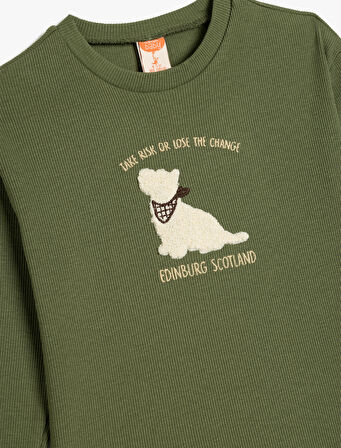 Tişört Köpek Baskılı Uzun Kollu Bisiklet Yaka Dokulu Pamuklu