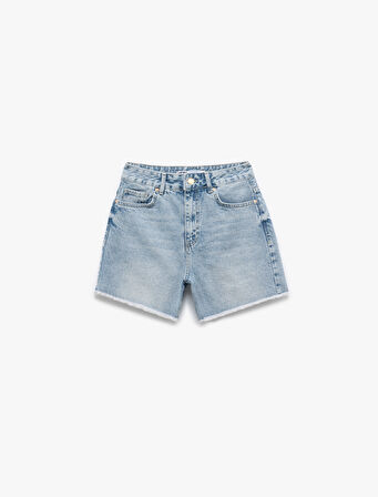 Düğmeli Pis Paça Pamuklu Rahat Kalıp Mini Denim Şort