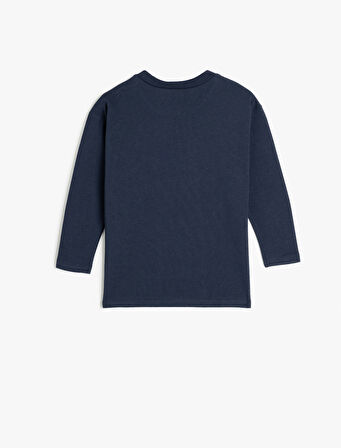 Oversize Tişört Slogan Baskılı Uzun Kollu Bisiklet Yaka Pamuklu