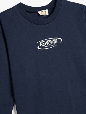 Oversize Tişört Slogan Baskılı Uzun Kollu Bisiklet Yaka Pamuklu