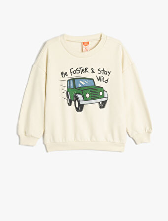 Sweatshirt Araba Baskılı Uzun Kollu Bisiklet Yaka 