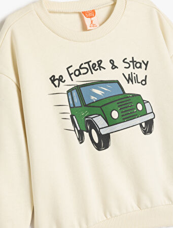 Sweatshirt Araba Baskılı Uzun Kollu Bisiklet Yaka 