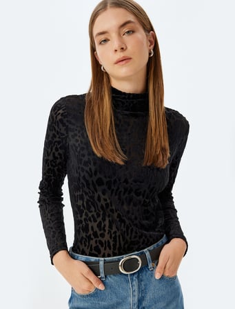 Leopar Desenli Yarı Transparan Kadife Body Dik Yaka Uzun Kollu Slim Fit