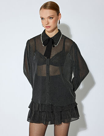 Bağlama ve İnci Detaylı Uzun Kollu Puantiyeli Yarı Transparan Gömlek