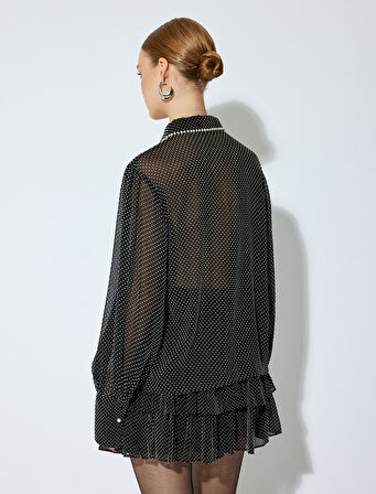 Bağlama ve İnci Detaylı Uzun Kollu Puantiyeli Yarı Transparan Gömlek