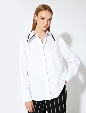 Dantel Detaylı Sivri Yaka Gömlek Uzun Kollu Pamuklu