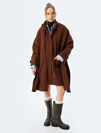 Şal Yaka Fermuarlı Çıtçıt Düğmeli Astarlı Cep Detaylı Kaban