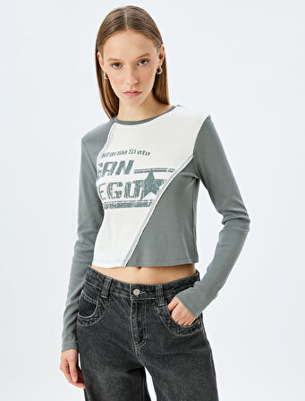 Uzun Kollu Dikiş Detaylı Slogan Baskılı Slim Fit Bisiklet Yaka Tişört