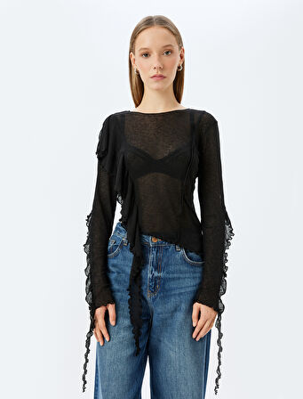 Kayık Yaka Fırfır Detaylı Uzun Kollu Slim Fit Bluz