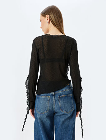 Kayık Yaka Fırfır Detaylı Uzun Kollu Slim Fit Bluz