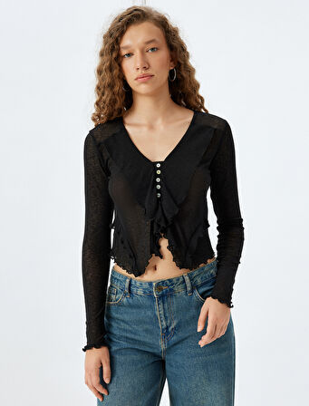 Uzun Kollu Düğmeli V Yaka Fırfırlı Asimetrik Bluz