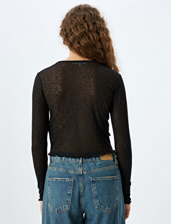 Uzun Kollu Düğmeli V Yaka Fırfırlı Asimetrik Bluz