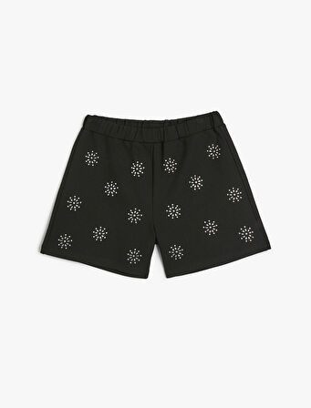 Beli Lastikli Taş Detaylı Kar Desenli Şort 