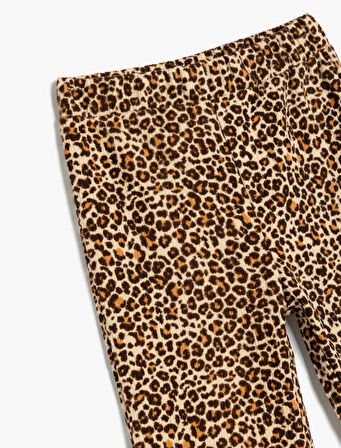 İspanyol Paça Pantolon Leopar Desenli Beli Lastikli Şardonlu