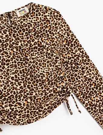 Leopar Desenli Bluz Yanları Büzgülü Bağlamalı Uzun Kollu Bisiklet Yaka Şardonlu 