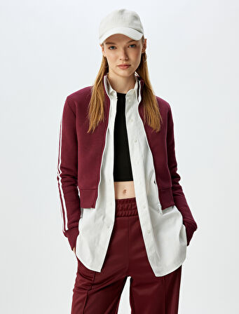 Fermuarlı Crop Sweatshirt Biyeli Dik Yaka Şardonlu 