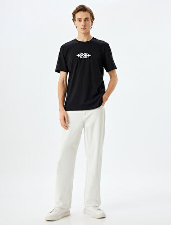 Kısa Kollu Bisiklet Yaka Pamuklu Baskılı Tişört