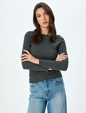 Bisiklet Yaka Dokulu Uzun Kollu Slim Fit Tişört