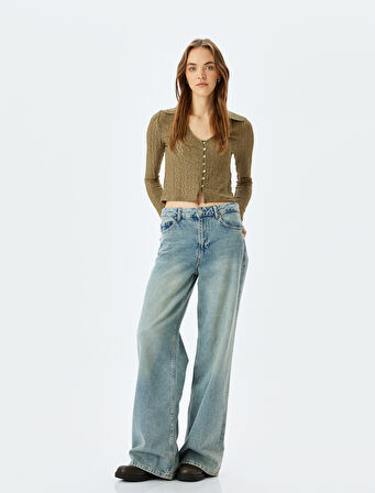 Polo Yaka Düğmeli Ajurlu Uzun Kollu Tişört